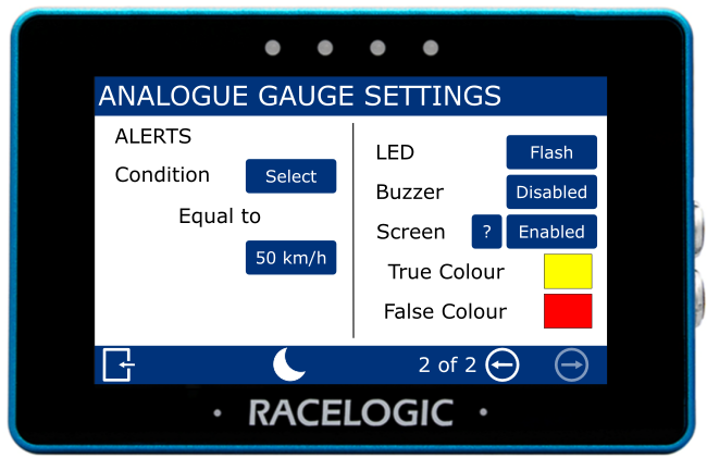 MFD Touch displaying the Analogue Gauge - Alerts Settings screen.