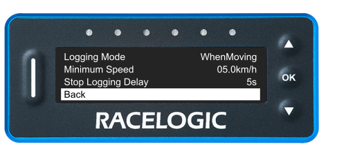 VBOX LapTimer showing the Logging Menu with the Back option highlighted.