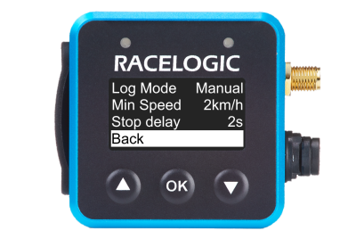 VBOX Mini LapTimer showing the settings menu with the Back option in the Logging Options selected.