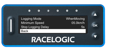 VBOX LapTimer showing the Logging Menu with the Back option highlighted.