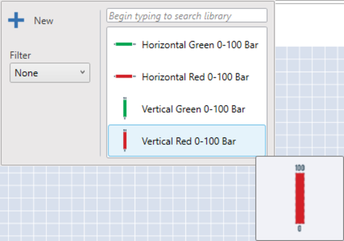 Screenshot of the Bar Graph menu with 'Vertical Red 0-100 Bar' selected.