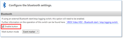Screenshot of the Bluetooth configuration settings in VBOX Video Setup Software for Windows.