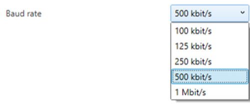 Screenshot of the CAN Baud Rate dropdown list of options.
