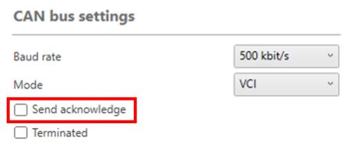 Screenshot of the CAN Bus Settings with Send Acknowledge unticked and highlighted.