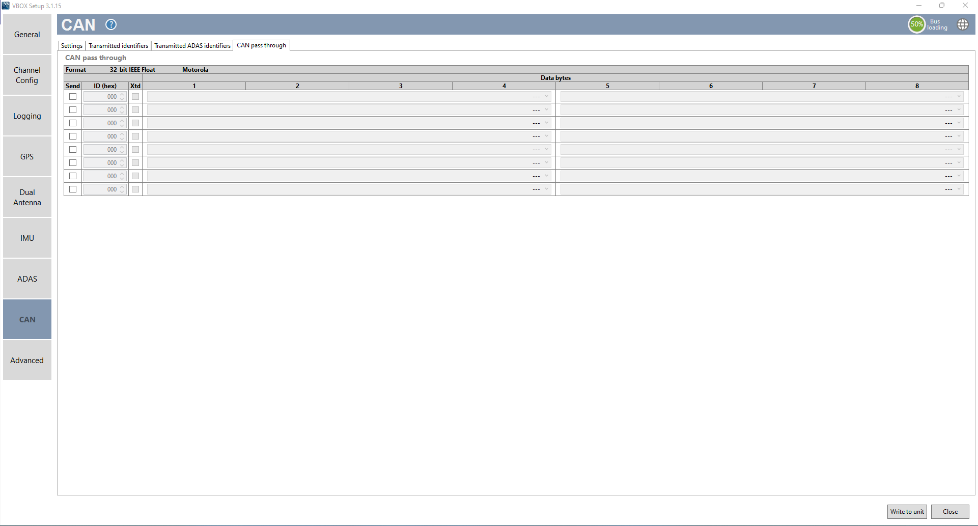 Screenshot of the CAN Pass-through tab within the CAN menu of VBOX Setup software when connected to a VBOX 3i ADAS.