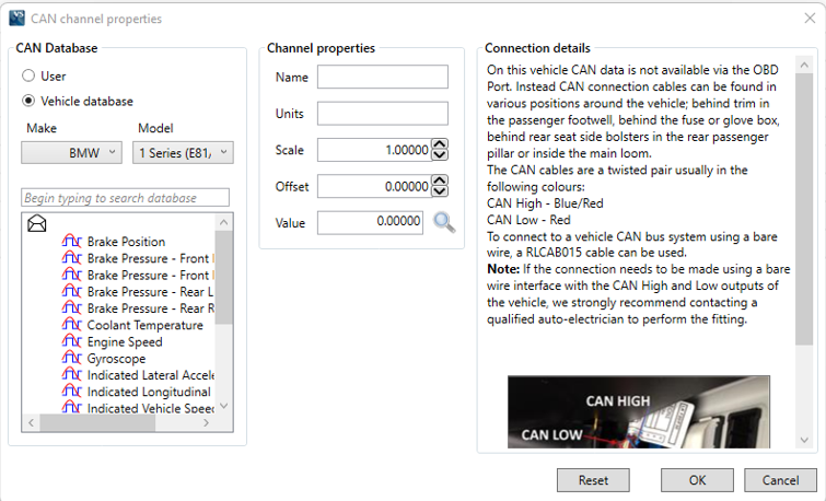 Screenshot of CAN Channel properties.