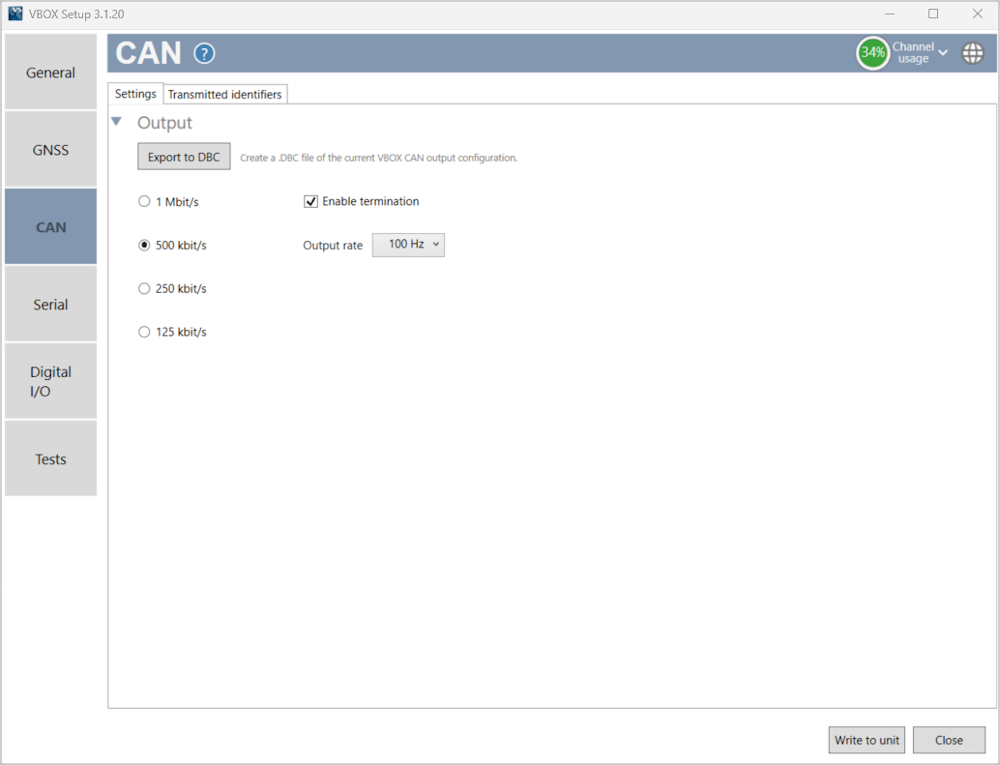 Screenshot of the CAN Menu in VBOX Setup when connected to a VBOX 100 Hz Speed Sensor unit.