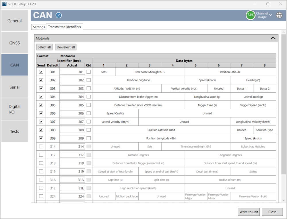 Screenshot of the Transmitted Identifiers tab when connected to a VBOX 100 Hz Speed Sensor (v5).