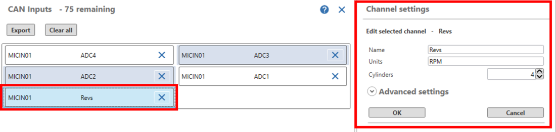 Screenshot of the CAN Input settings with one channel highlighted and image of Channels settings to the right.
