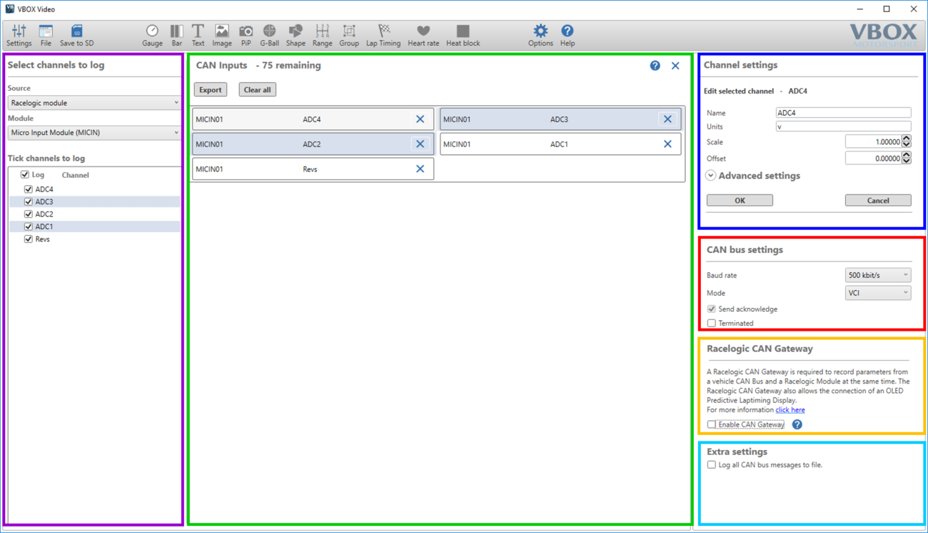 Screenshot of the CAN Overview screen with different areas highlighted in different colours.