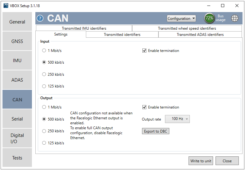 Screenshot of the CAN menu in VBOX Setup when connected to a VBOX 3iS Dual Antenna RTK unit.