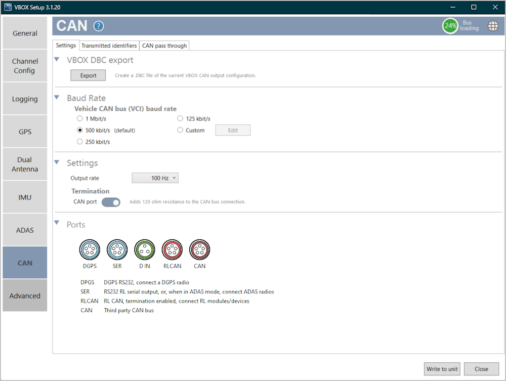 Screenshot of the Settings Tab of the CAN Menu in VBOX Setup connected to a VBOX 3i ADAS unit.