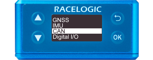 Illustration of VBOX Omega showing the main menu with CAN highlighted.