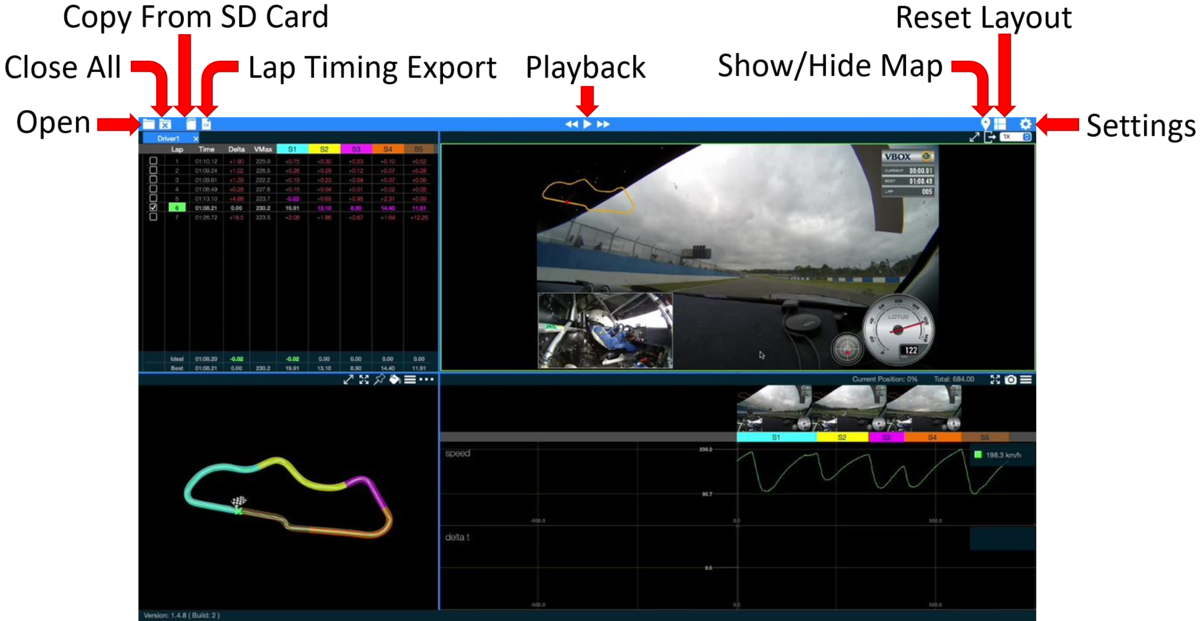 Screenshot of the software with labels highlighting areas of the top toolbar.