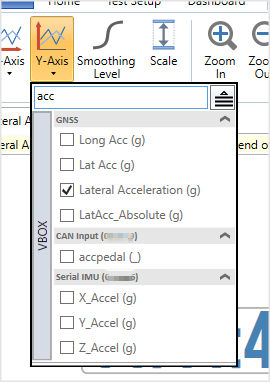 Cropped section of VBOX Test Suite showing the expanded Y-axis channels list with search bar and channel groups.