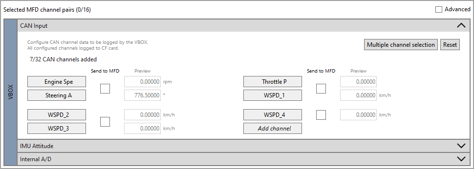 Cropped screenshot of the CAN Input area with seven channels added.