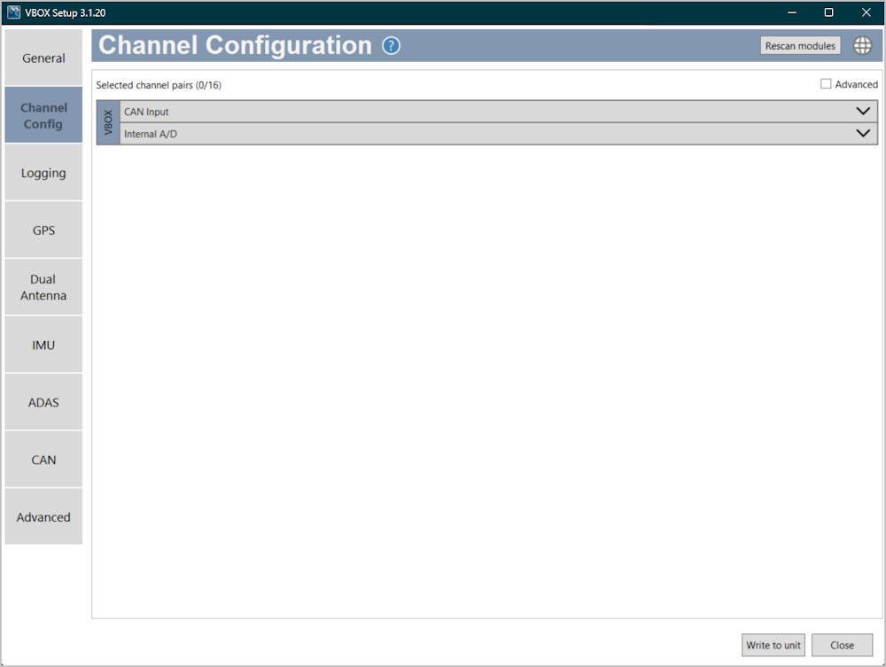 Screenshot of the Channel Configuration menu in VBOX Setup when connected to a VBOX 3i ADAS.