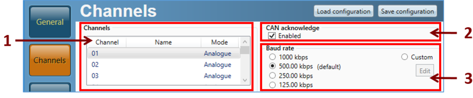 Cropped screenshot of the Channels menu in VBOX Setup software with areas highlighted and numbered. 