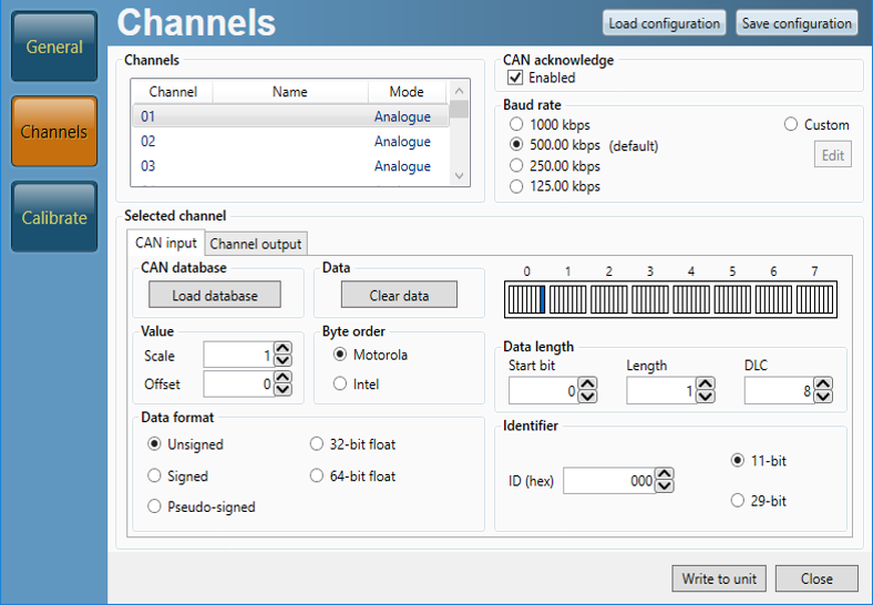 Screenshot of the Channel Settings Overview in VBOX Setup software.