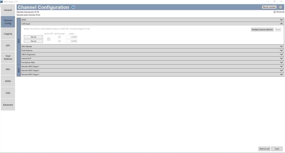 Screenshot of the Channel Configuration screen in VBOX Setup software when connected to a VBOX 3i ADAS.
