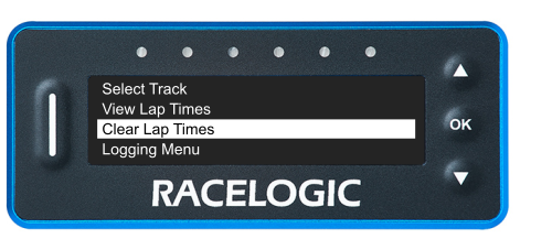 VBOX LapTimer showing the Main Menu with the Clear Lap Times option highlighted. 