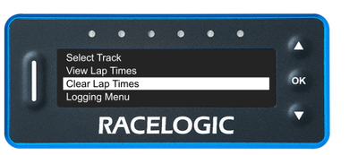 VBOX LapTimer showing the Main Menu with the Clear Lap Times option highlighted. 