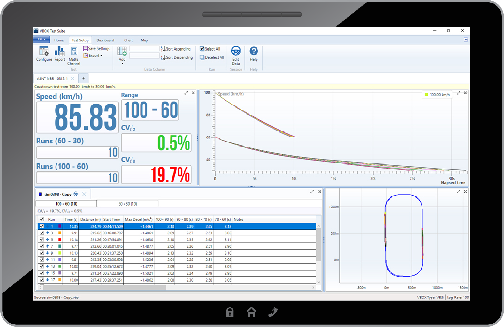 Coastdown plugin in VBOX Test Suite on Tablet