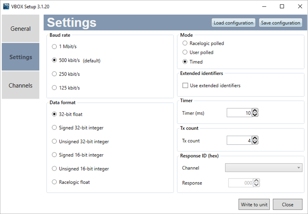 VBOX Setup user interface with Settings menu open showing the applied settings. 