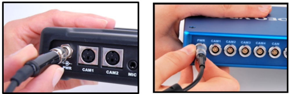 Photographs of connecting the power supply to the PWR ports on the Video VBOX Lite (on the left) and the Video VBOX Pro (on the right).