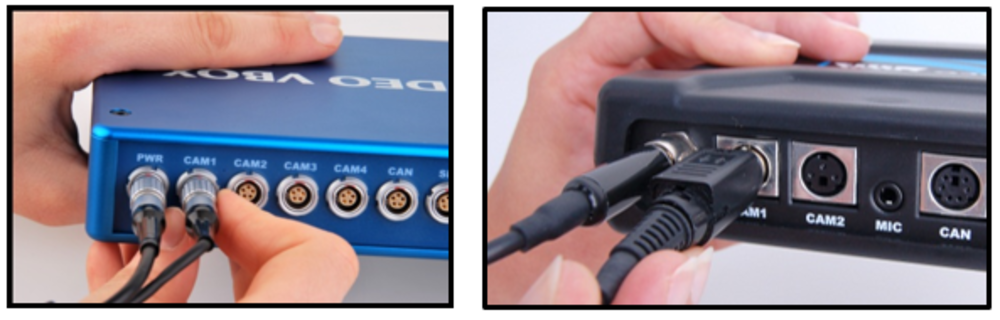 Photographs of connecting the camera to the CAM1 ports on the Video VBOX Pro (on the left) and the Video VBOX Lite (on the right).