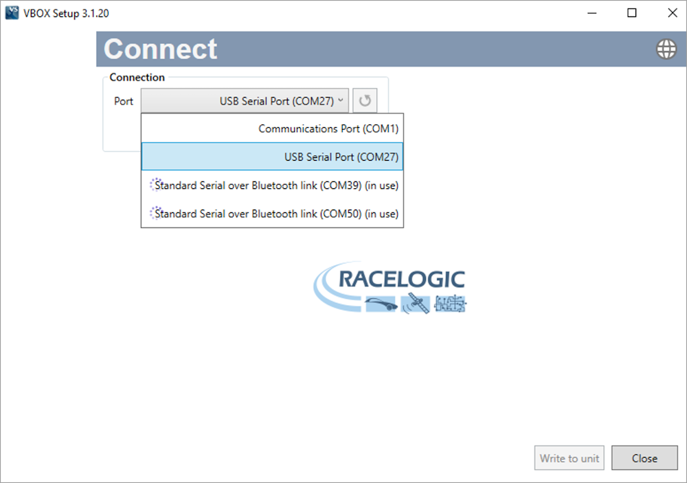 VBOX Setup Connect Window with Port dropdown list showing available COM ports.he module in VBOX Setup