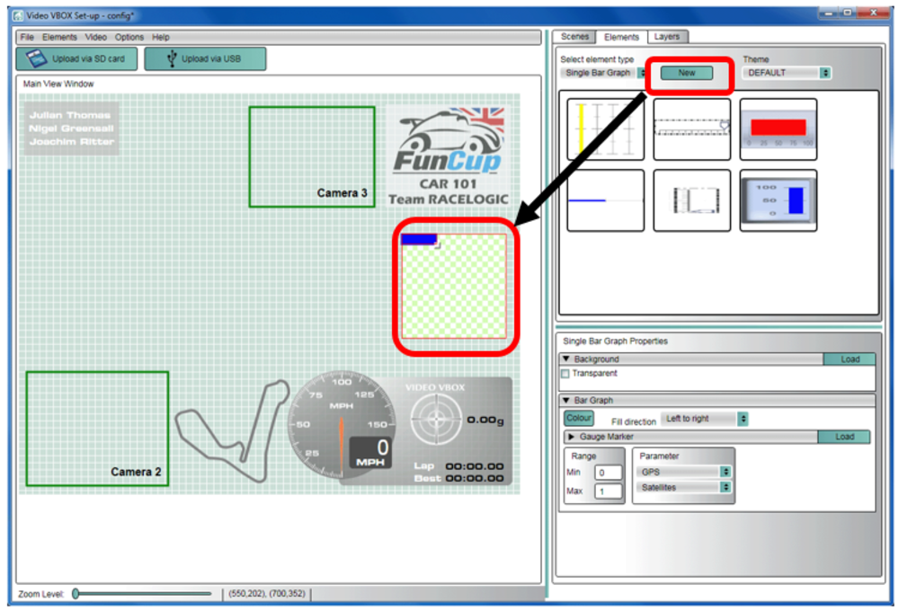 Image depicting adding a new Single Bar Graph element in Video VBOX Setup software.