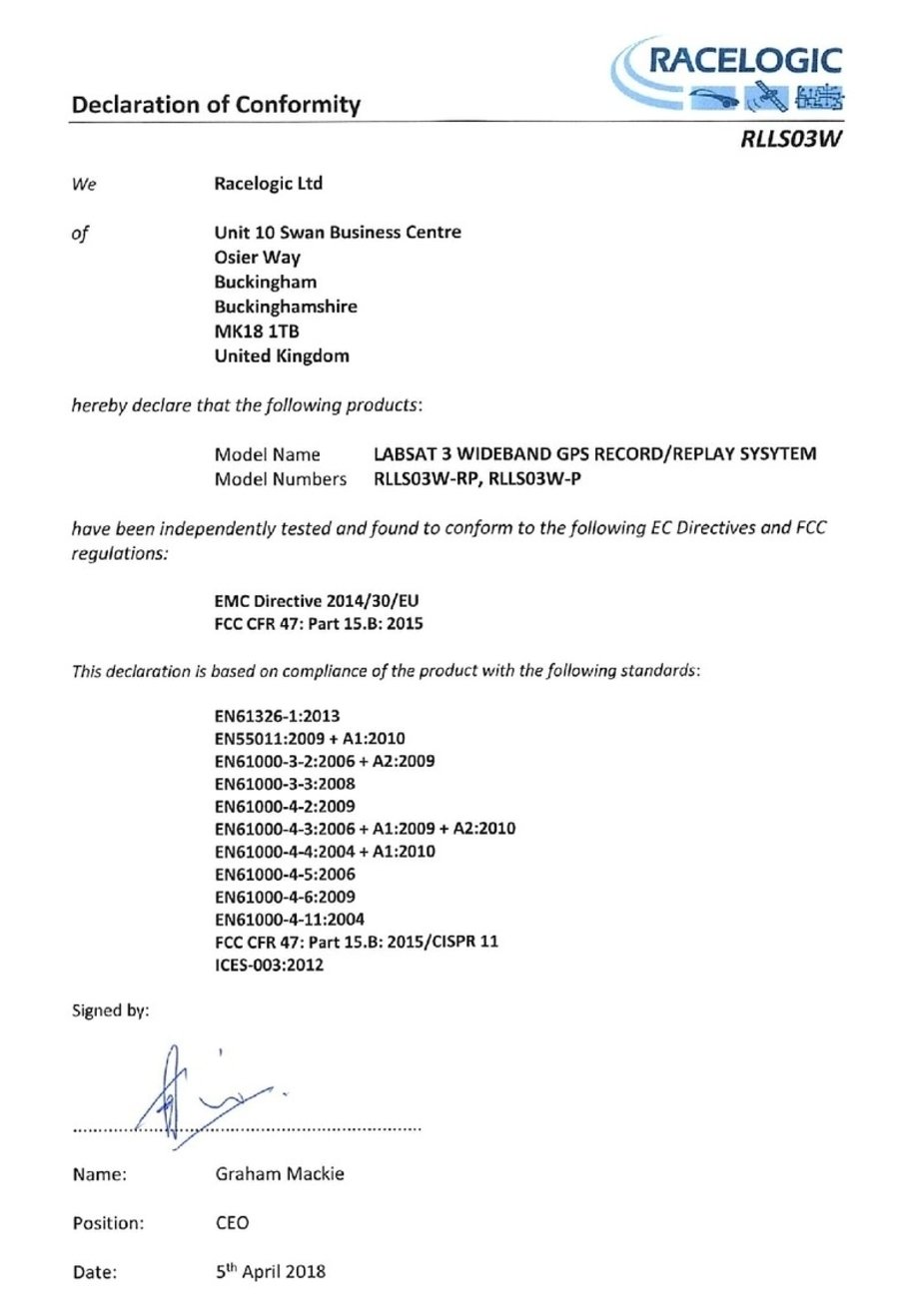 Declaration of Conformity document for the LabSat 3 Wideband GPS record and replay system showing EMC and FCC compliance information.