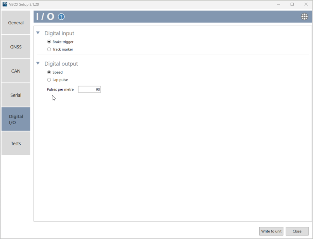 Screenshot of the Digital I/O Menu in VBOX Setup when connected to a VBOX 100 Hz Speed Sensor (v5).