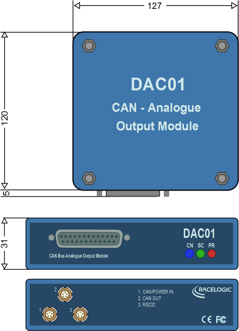 Dimensions drawing of CAN to Analogue Output Module.