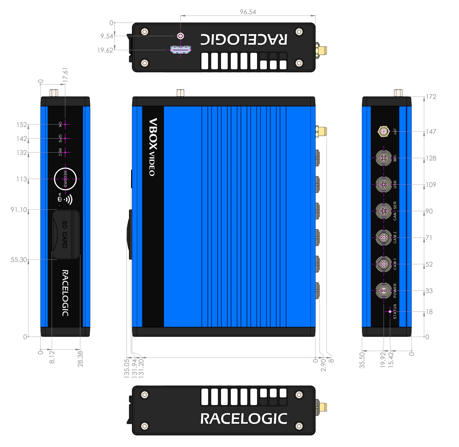 VBOX Video HD2 diagrams from all sides with dimensions. 