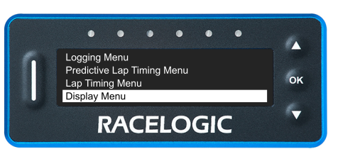 VBOX LapTimer showing the Main Menu with the Display Menu option highlighted. 