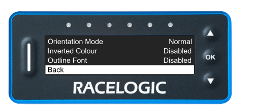 VBOX Pit Lane Timer showing the Back option in the Display Menu.