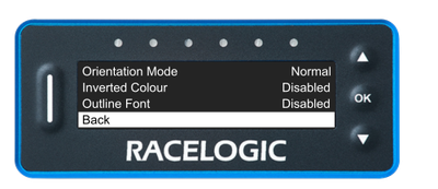 VBOX Pit Lane Timer showing the Back option in the Display Menu.
