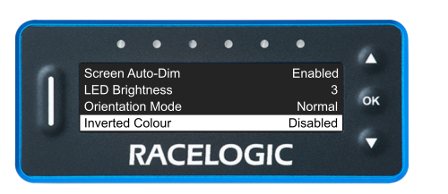 VBOX Pit Lane Timer showing the Inverted Colour option in the Display Menu, set to Disabled, with the screen displaying white text on black background.