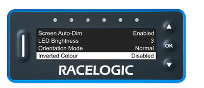 VBOX Pit Lane Timer showing the Inverted Colour option in the Display Menu, set to Disabled, with the screen displaying white text on black background.