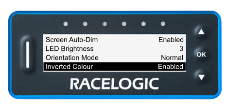 VBOX Pit Lane Timer showing the Inverted Colour option in the Display Menu, set to Enabled, with the screen displaying black text on white background.