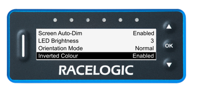 VBOX Pit Lane Timer showing the Inverted Colour option in the Display Menu, set to Enabled, with the screen displaying black text on white background.