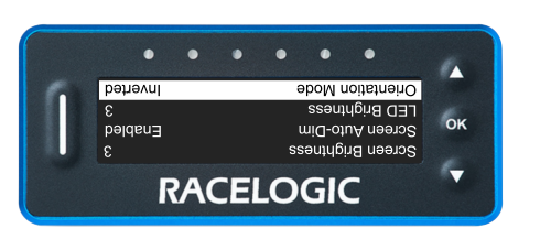 VBOX Pit Lane Timer showing the Orientation option in the Display Menu, set to Inverted, with the content on the screen turned upside-down compared to Normal mode..