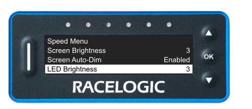 VBOX Pit Lane Timer showing the LED Brightness option in the Display Menu.