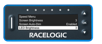 VBOX Pit Lane Timer showing the LED Brightness option in the Display Menu.
