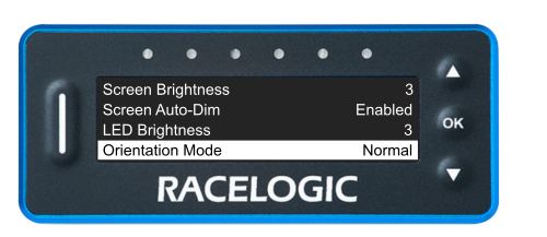 VBOX Pit Lane Timer showing the Orientation option in the Display Menu, set to Normal.