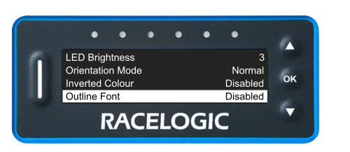 VBOX Pit Lane Timer showing the Outline Font option in the Display Menu, set to Disabled.