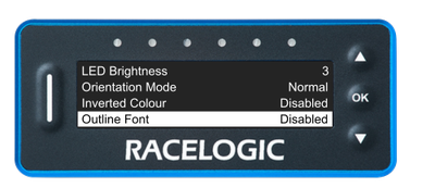 VBOX Pit Lane Timer showing the Outline Font option in the Display Menu, set to Disabled.