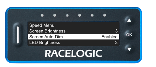 VBOX Pit Lane Timer showing the Screen Auto-Dim option in the Display Menu.